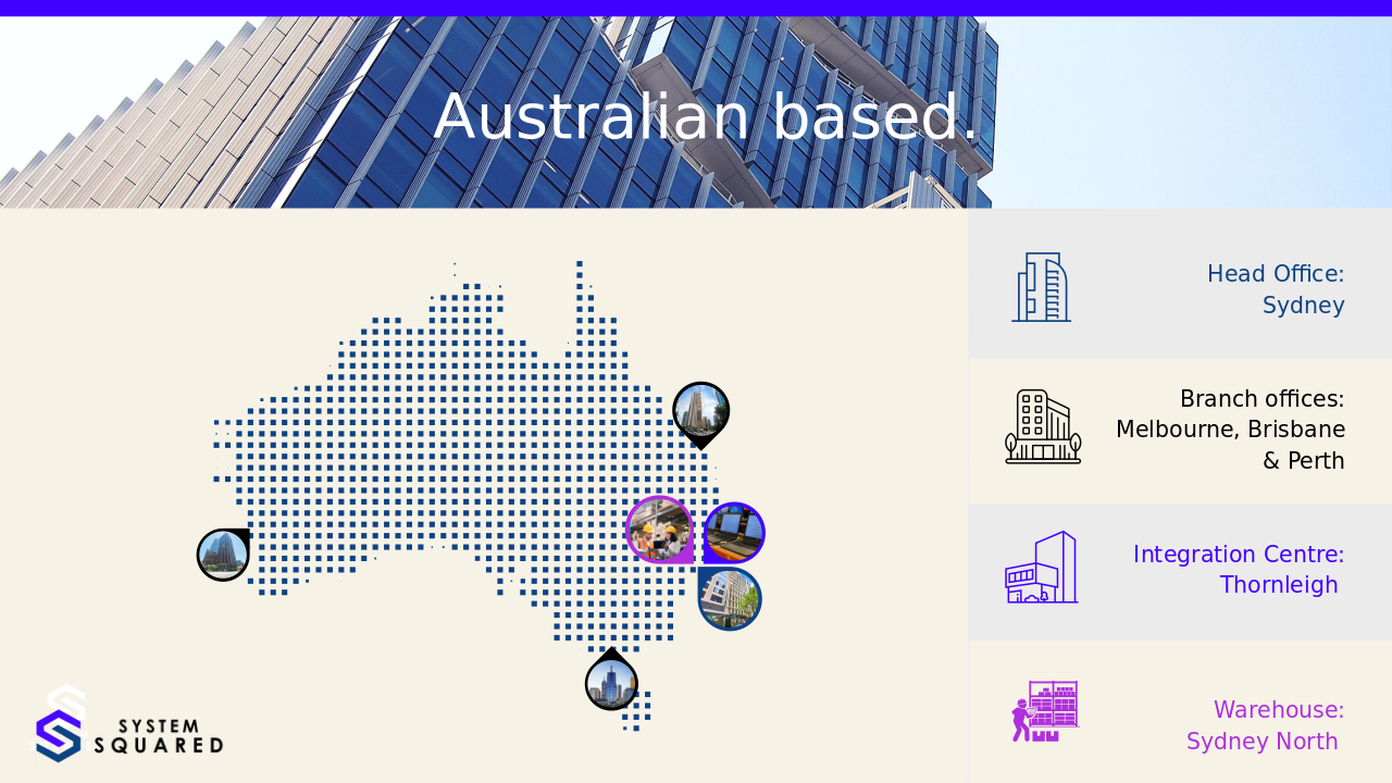 Sydney head office, Melbourne, Brisbane, Perth branches; Sydney North integration centre and warehouse