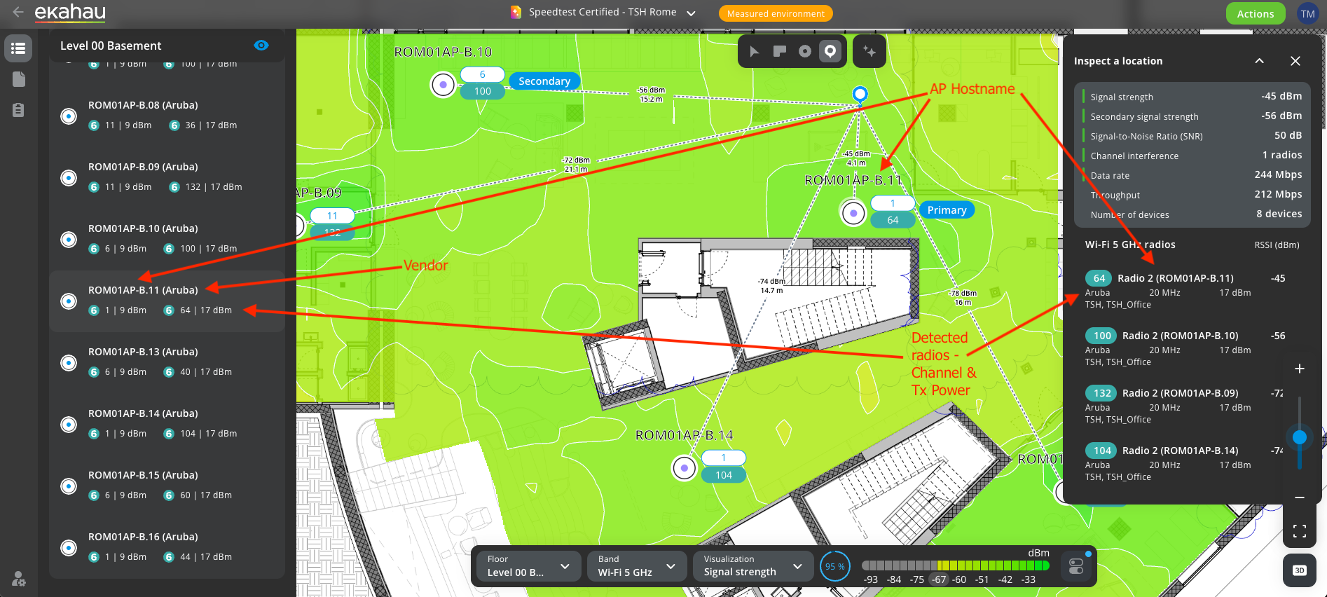 Ekahau wireless site survey — signal strength heatmap and AP data